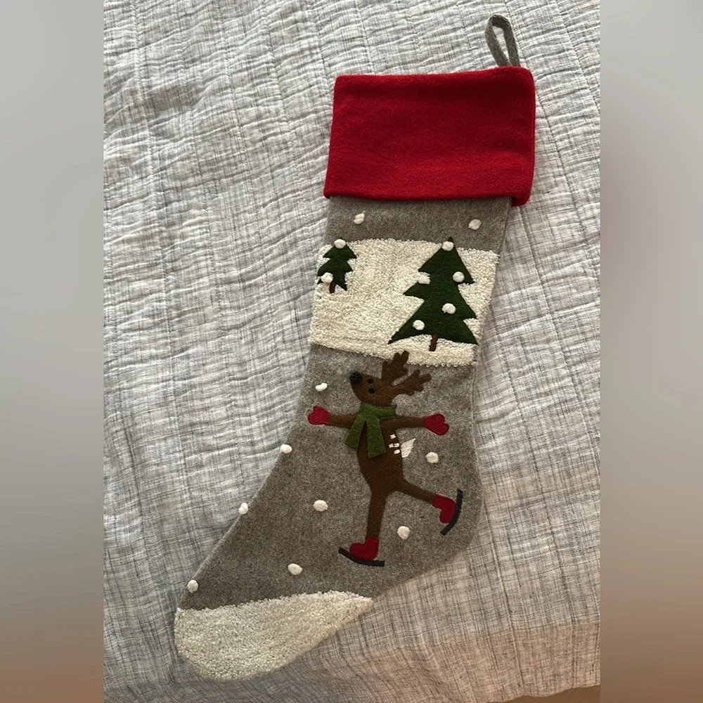 Crate&Barrel Red and Gray Reindeer Stocking